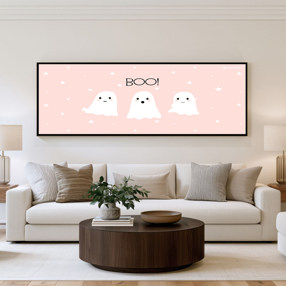 Tiny Ghost Trio Panoramic Wall Art shown in a living room