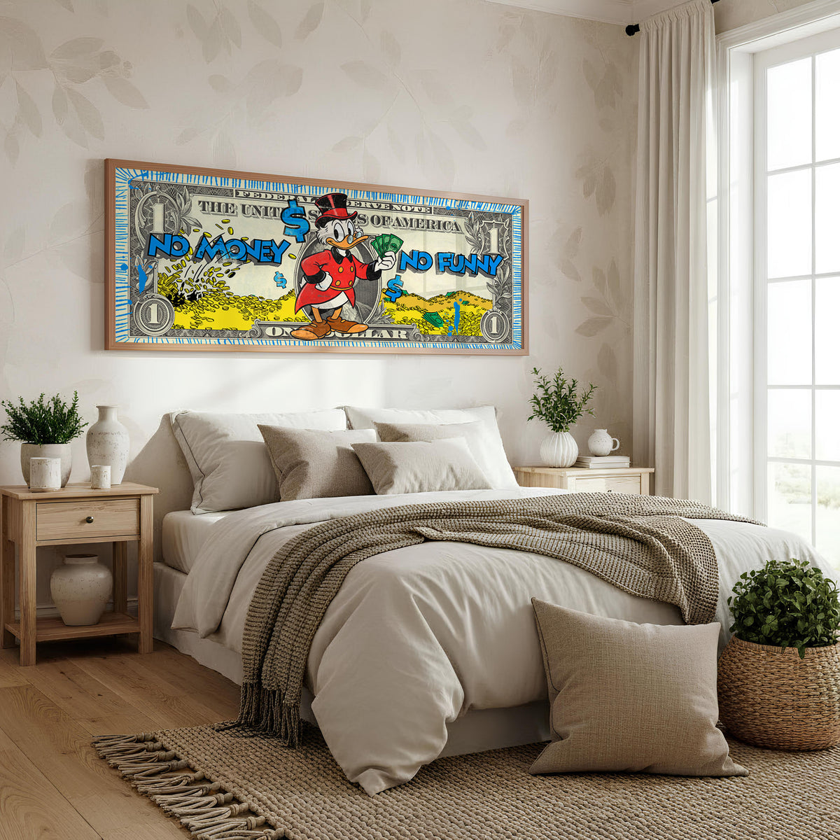 Scrooge No Money No Funny Panoramic Wall Art shown in a bedroom