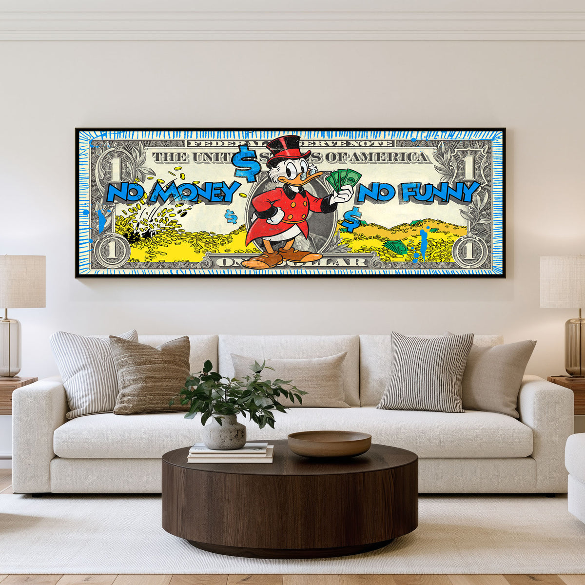 Scrooge No Money No Funny Panoramic Wall Art shown in a living room