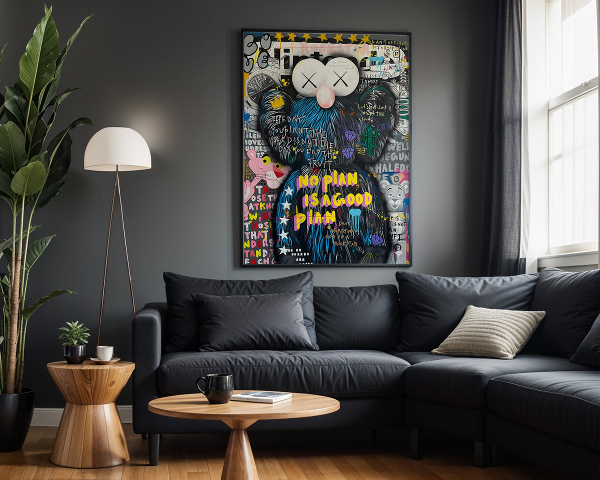 No Pain, No Plan wall art in modern living room