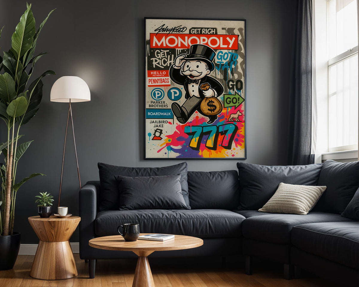 Get Rich 777 wall art in modern living room