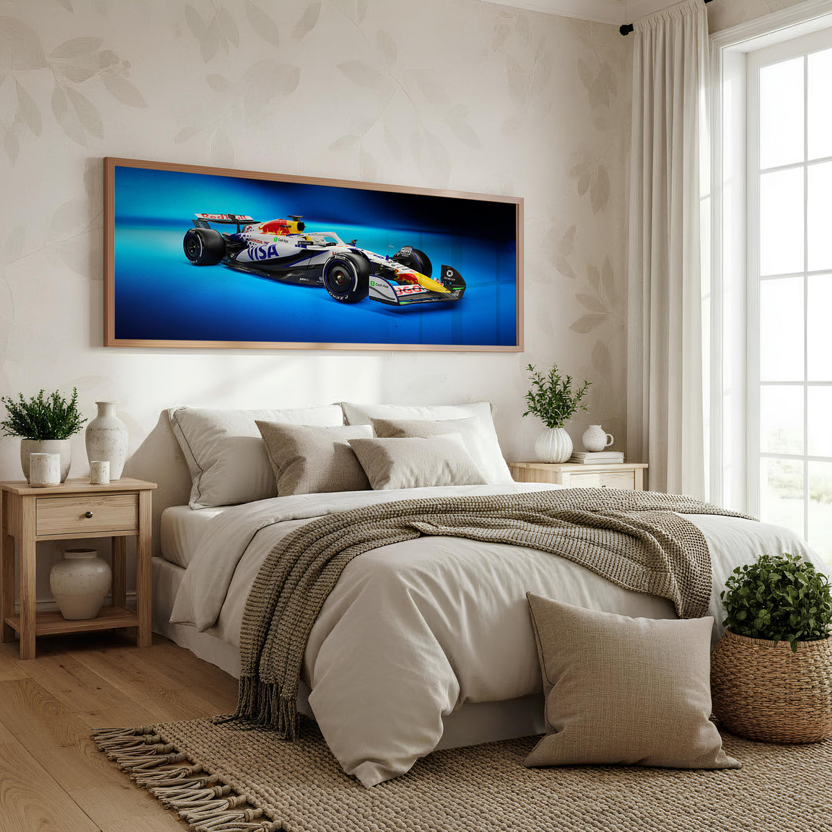 Track Temp Panoramic Formula 1 Wall Art shown in a bedroom
