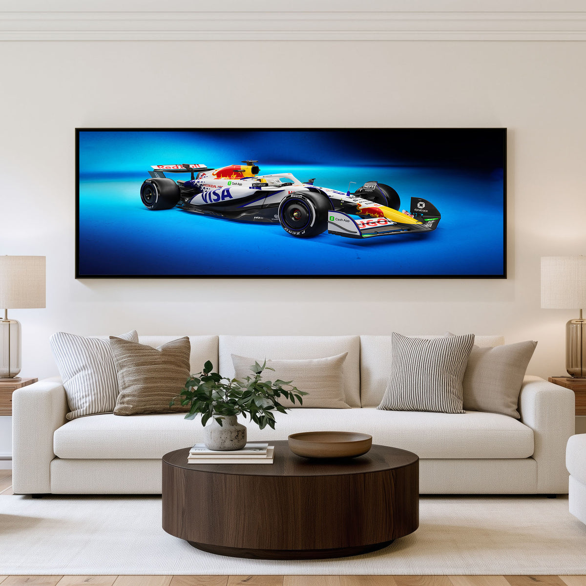Track Temp Panoramic Formula 1 Wall Art shown in a living room