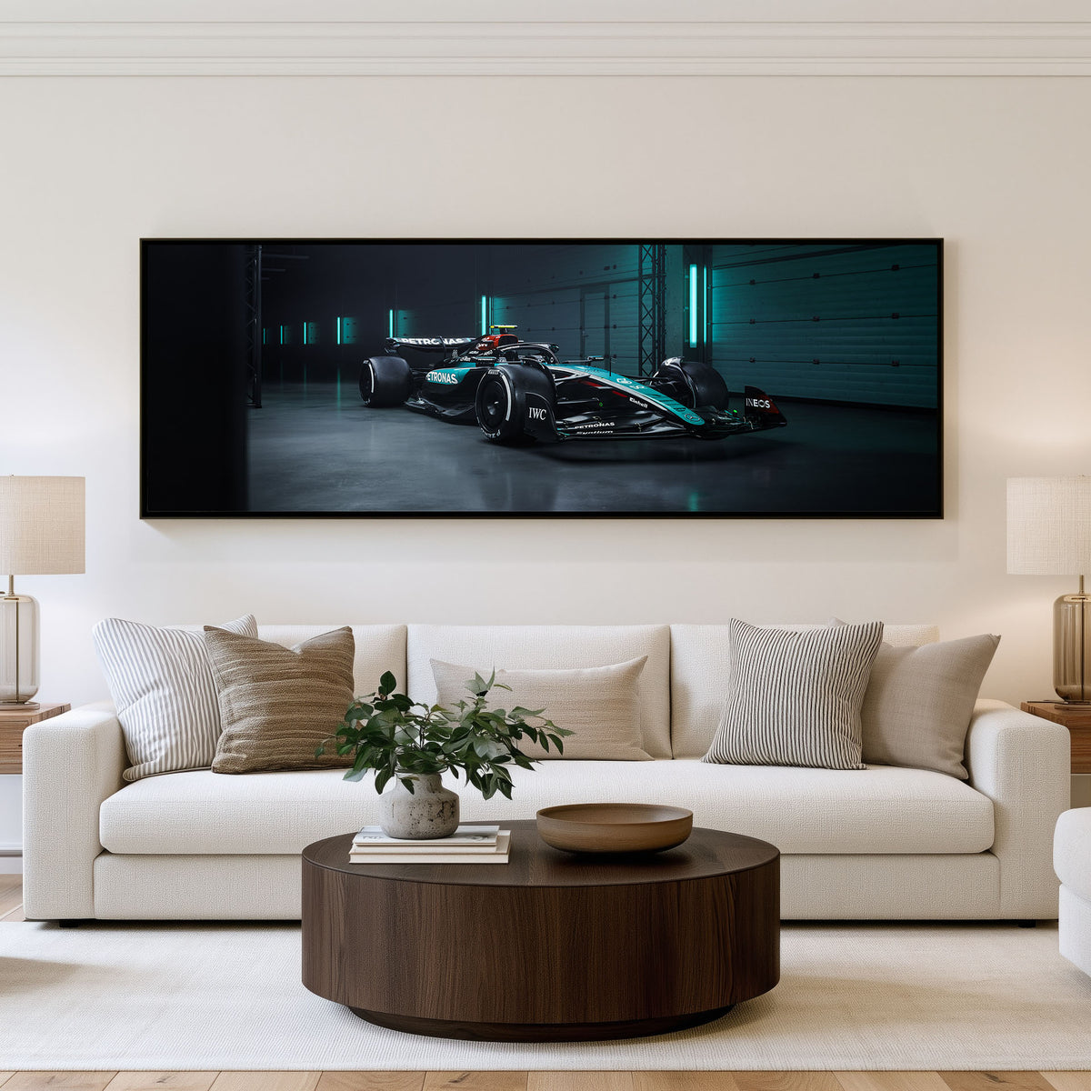 Track Weapon Panoramic Formula 1 Wall Art shown in a living room