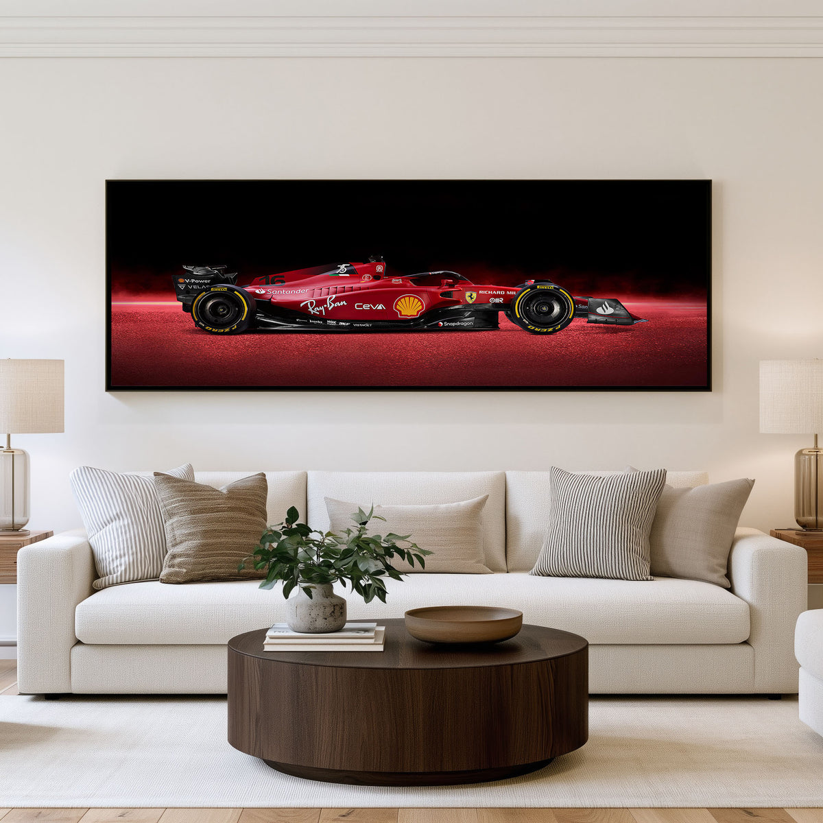 Trackside Panoramic Formula 1 Wall Art shown in a living room