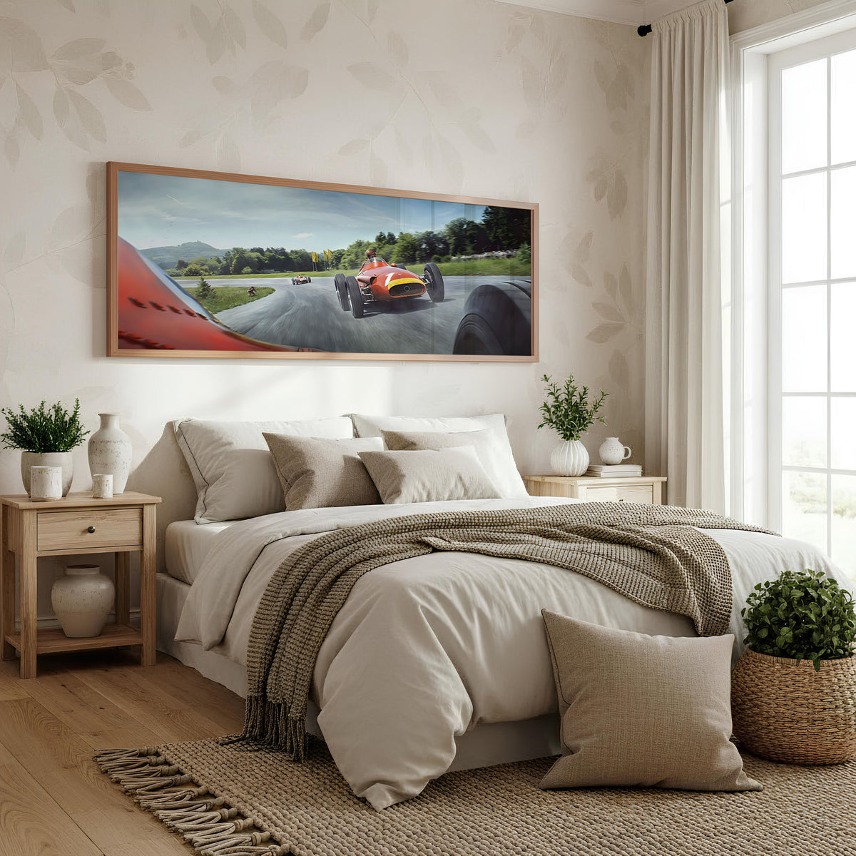 Trackside Pursuit panoramic car wall art shown in a bedroom