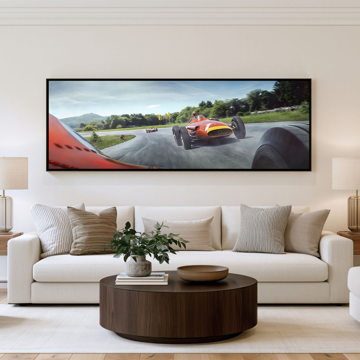 Trackside Pursuit panoramic car wall art shown in a living room