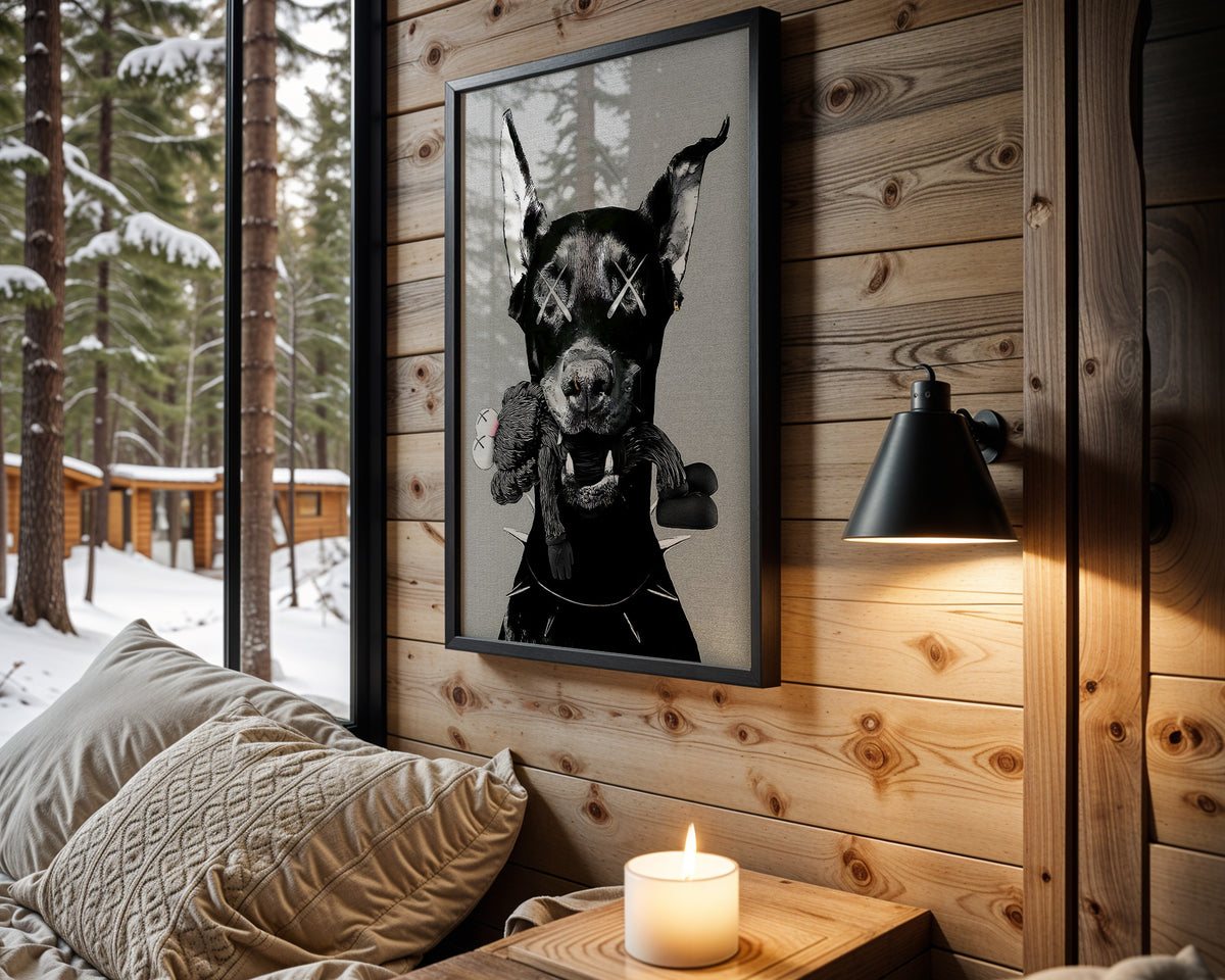 Trouble Hound wall art in cabin interior