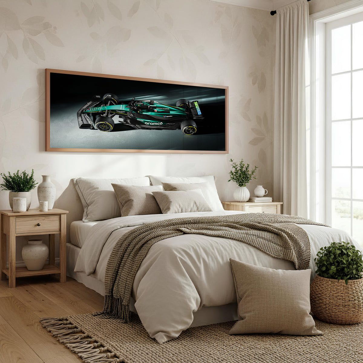 Under Lights Panoramic Formula 1 Wall Art shown in a bedroom
