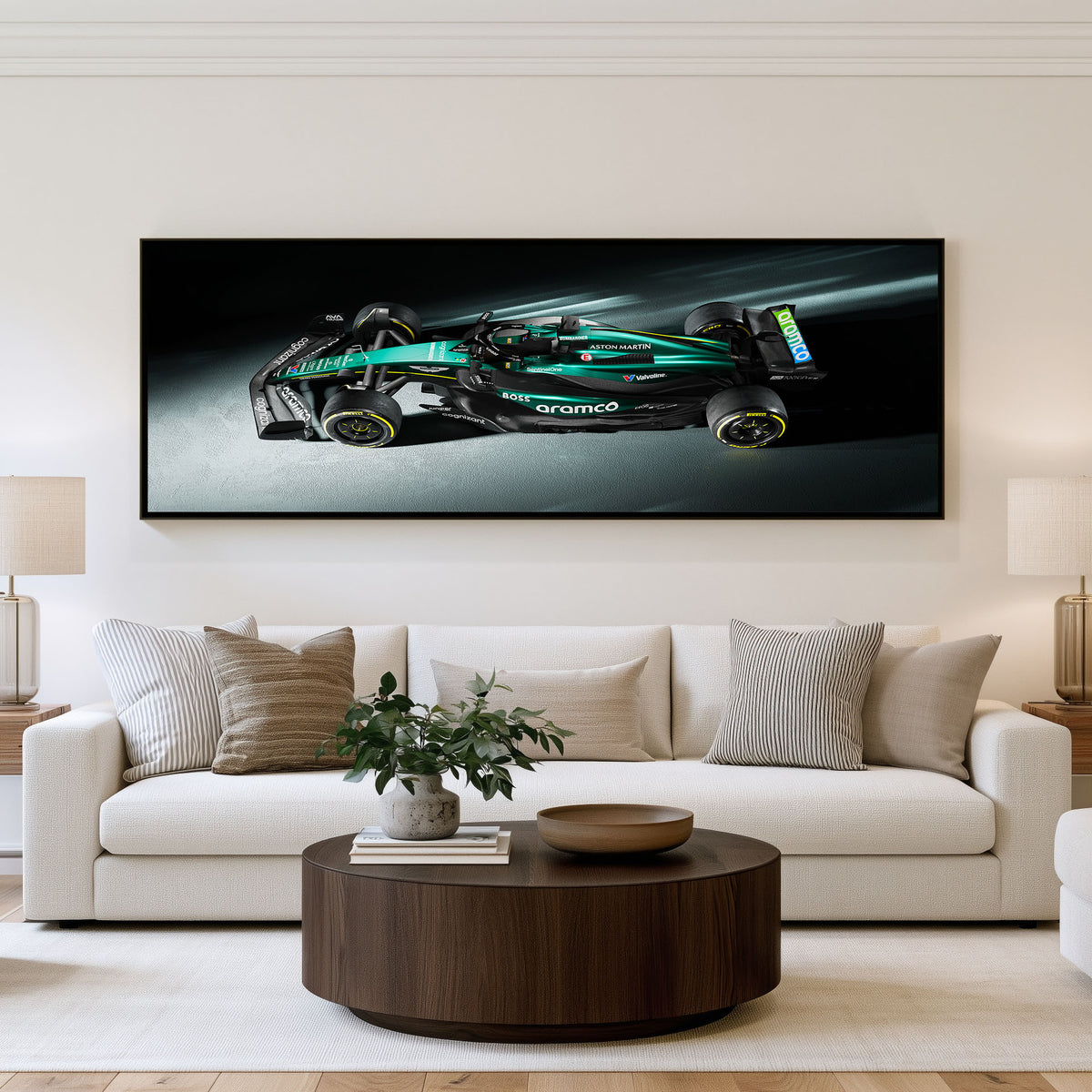 Under Lights Panoramic Formula 1 Wall Art shown in a living room