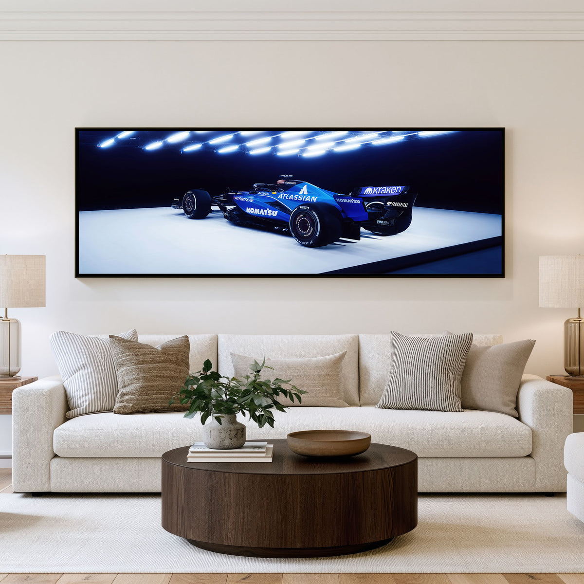 Undercut Panoramic Formula 1 Wall Art shown in a living room