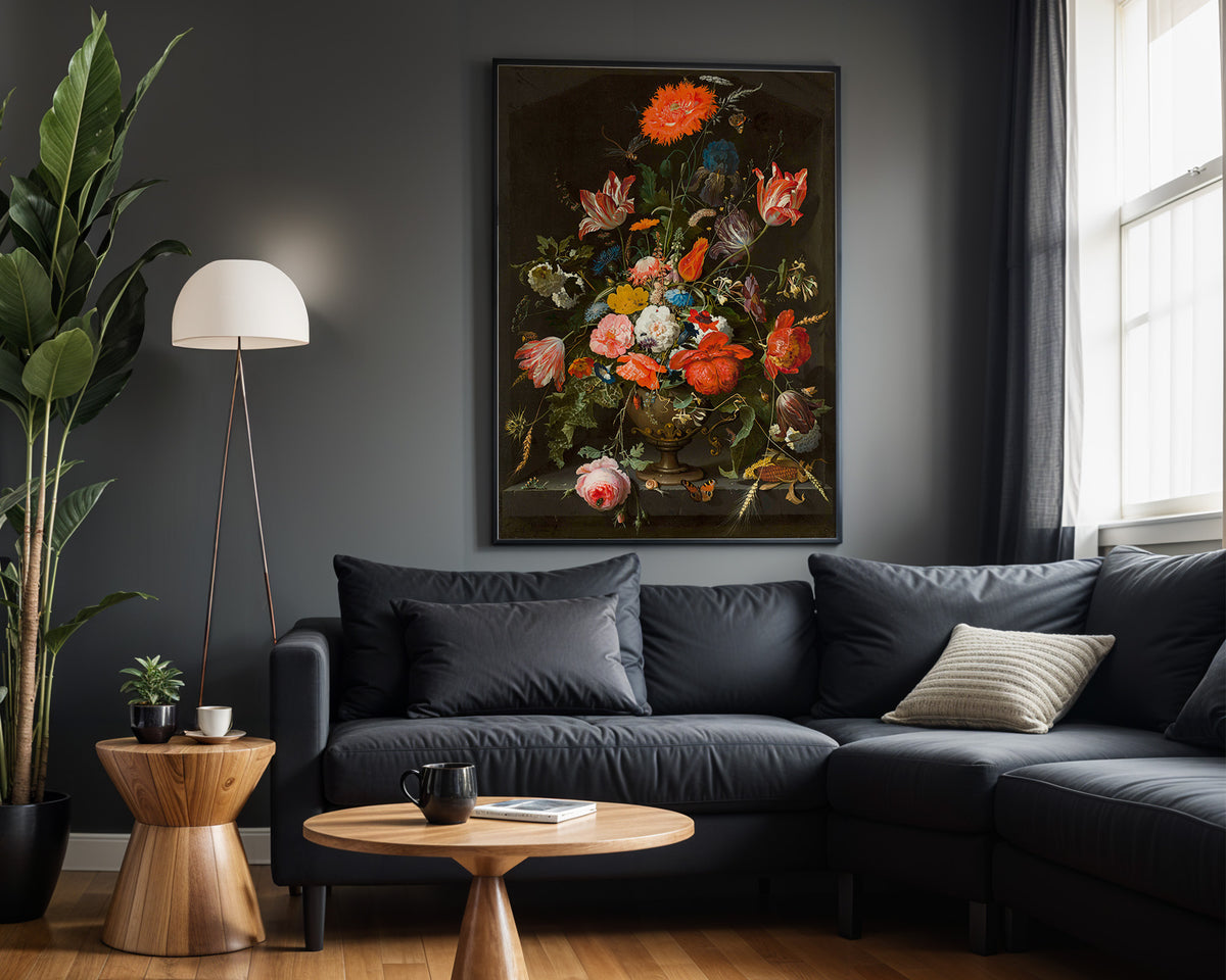 Midnight Dutch Blooms wall art – framed room view