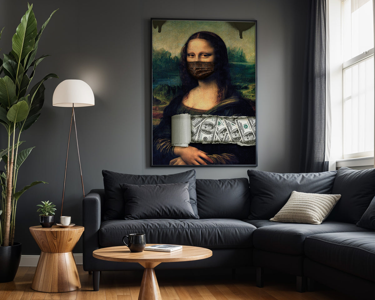 Money Mask Mona wall art – framed room view