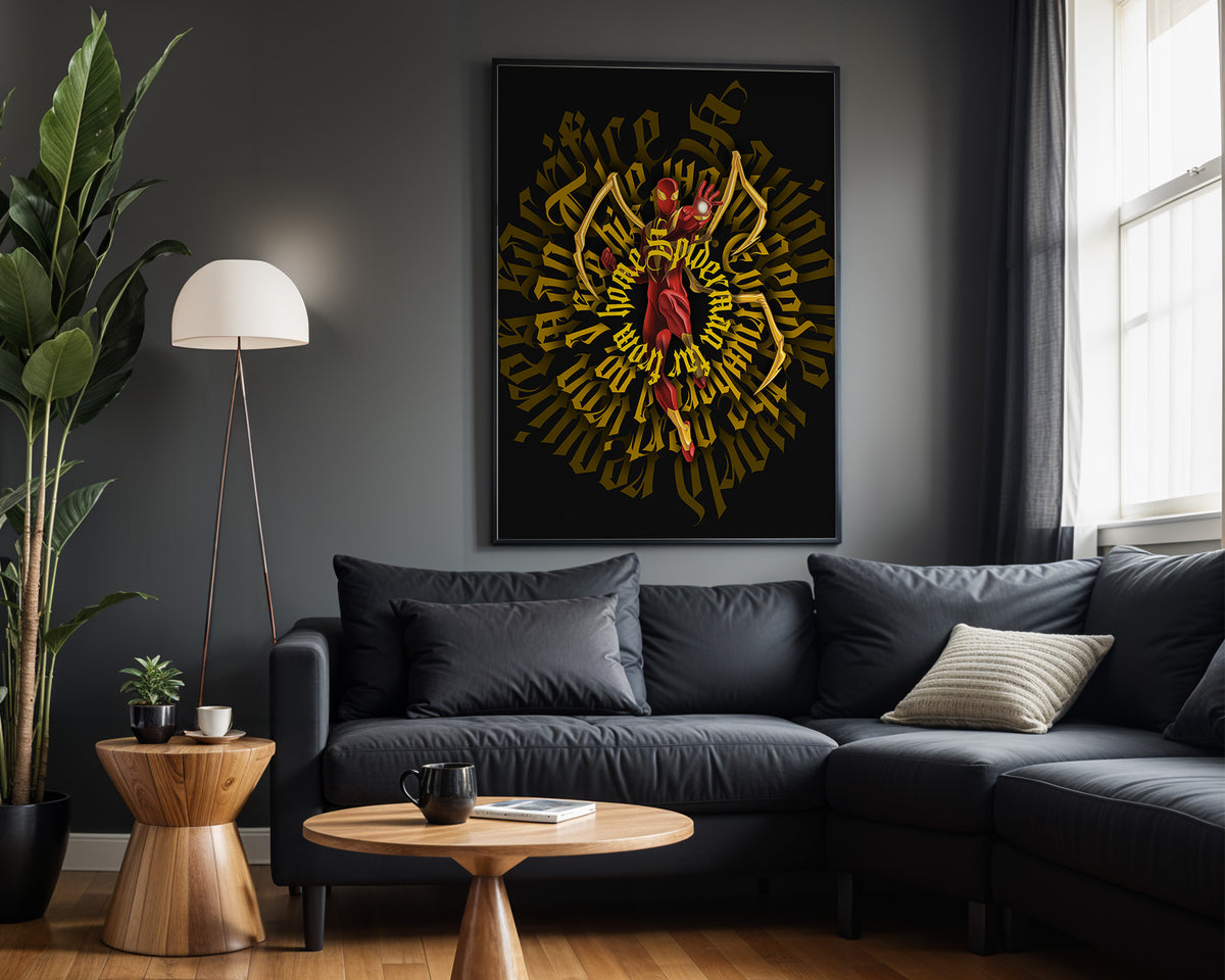 Golden Sacred Bloom wall art – framed room view