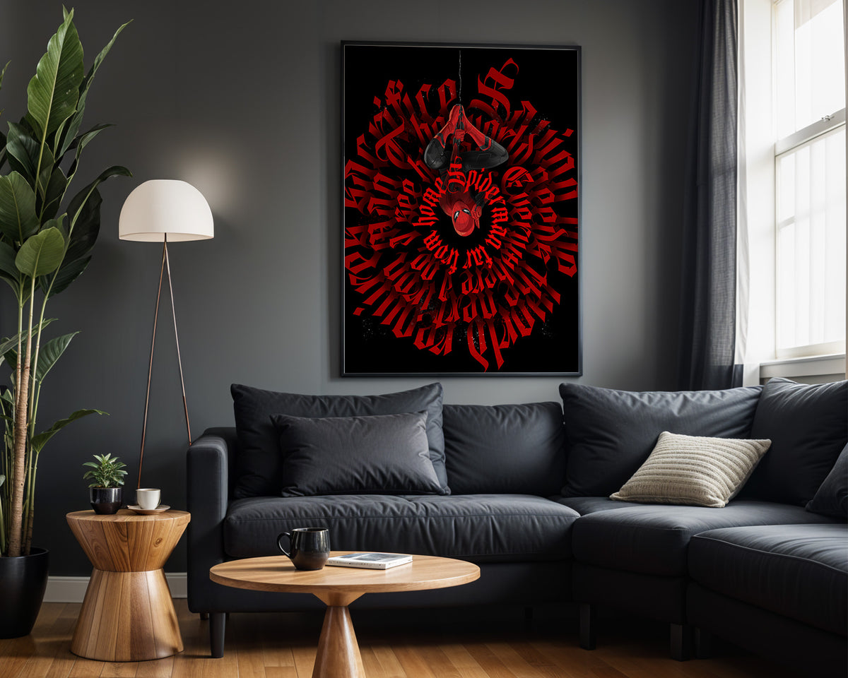Crimson Sacred Bloom wall art – framed room view