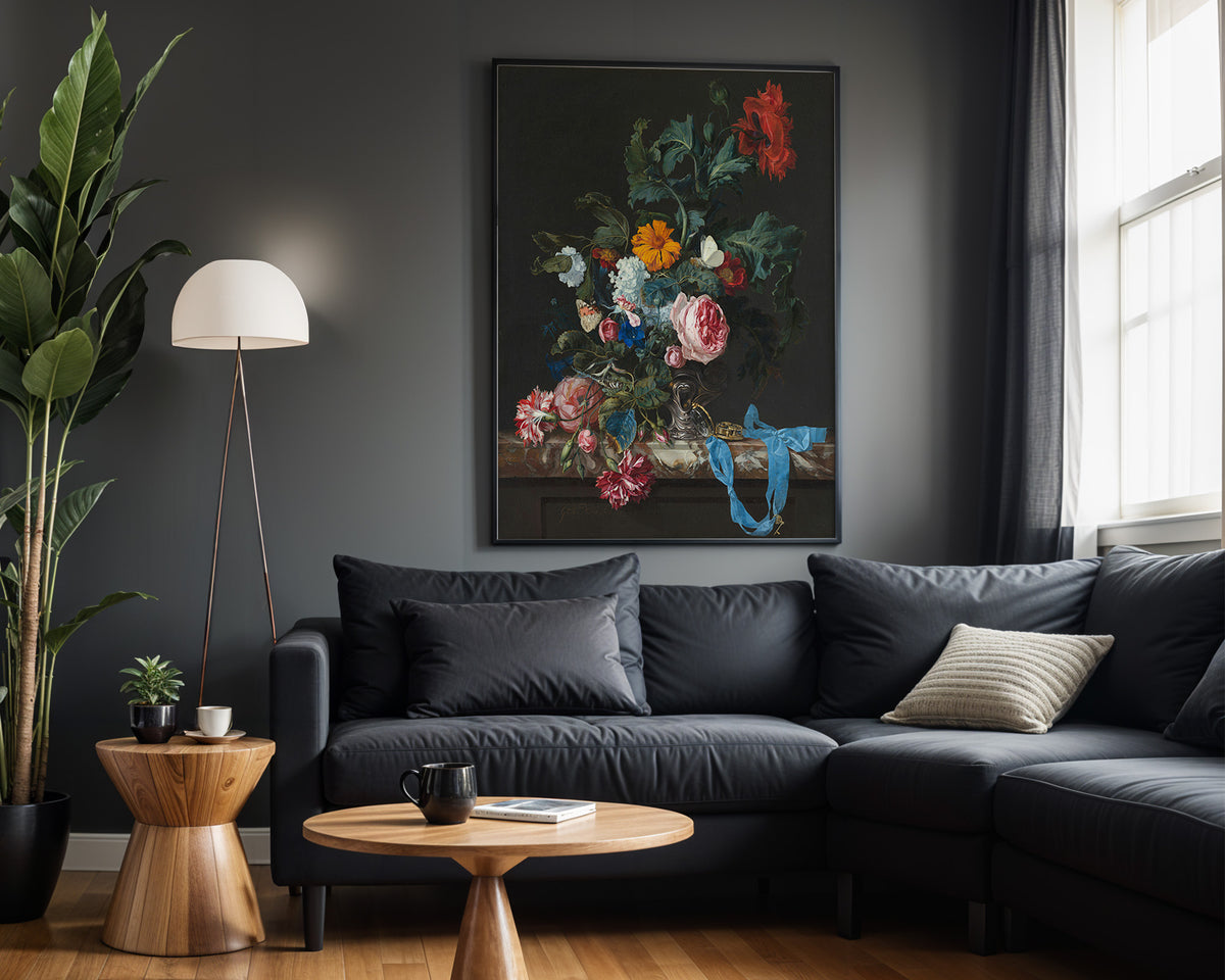 Midnight Ribbon Bouquet wall art – framed room view