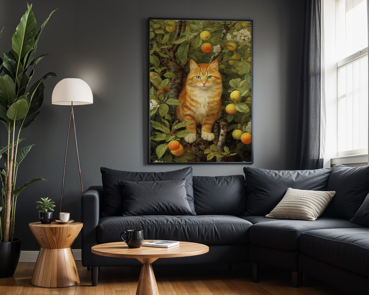 Citrus Garden Cat wall art – framed room view