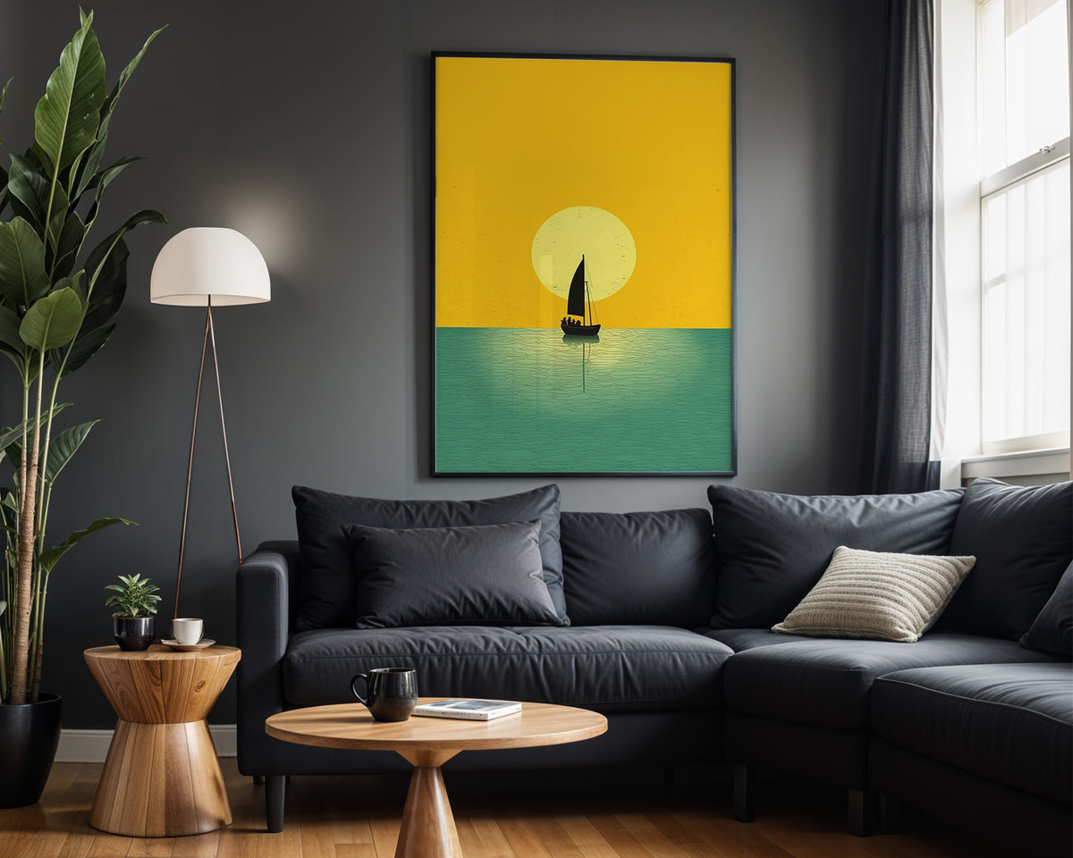 Golden Moon Sail wall art – framed room view