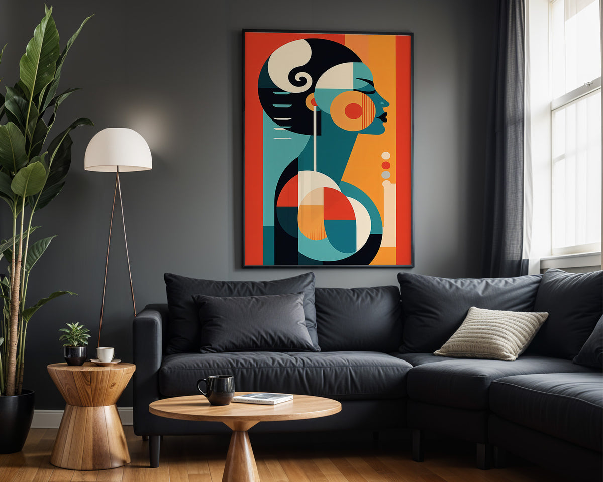 Geometric Muse wall art – framed room view