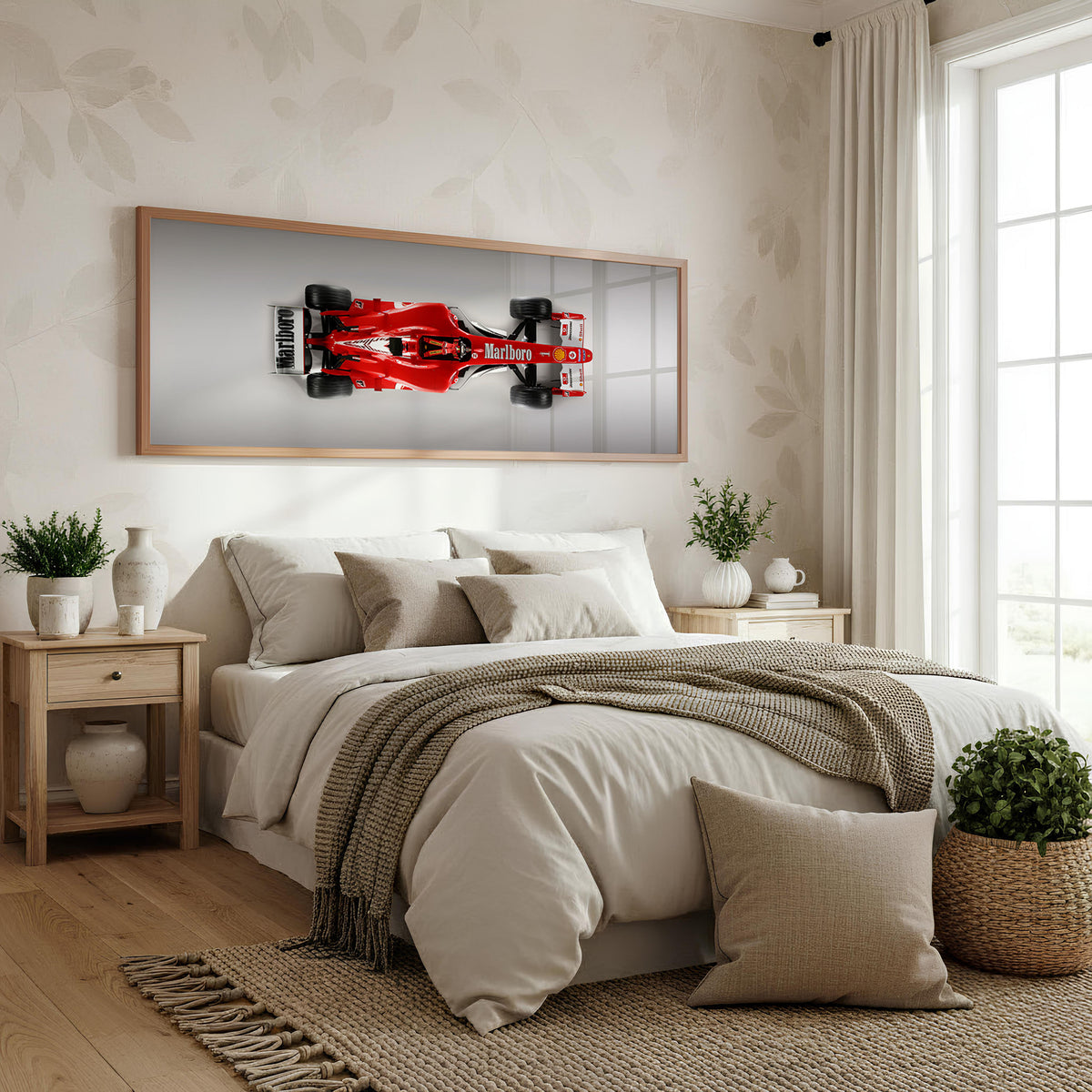 Velocity Panoramic Formula 1 Wall Art shown in a bedroom