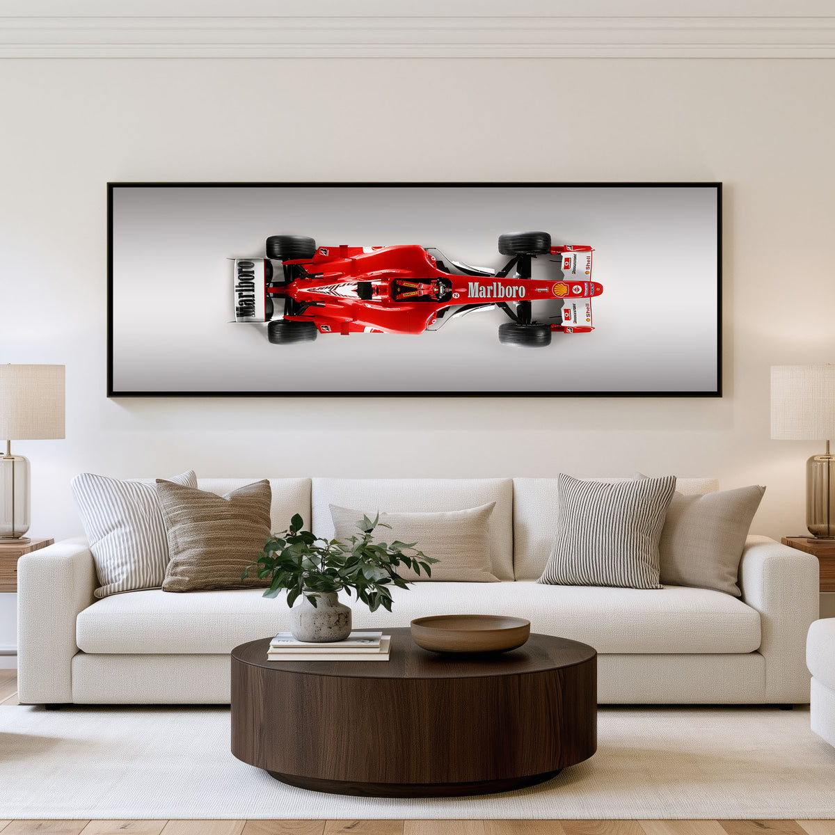 Velocity Panoramic Formula 1 Wall Art shown in a living room