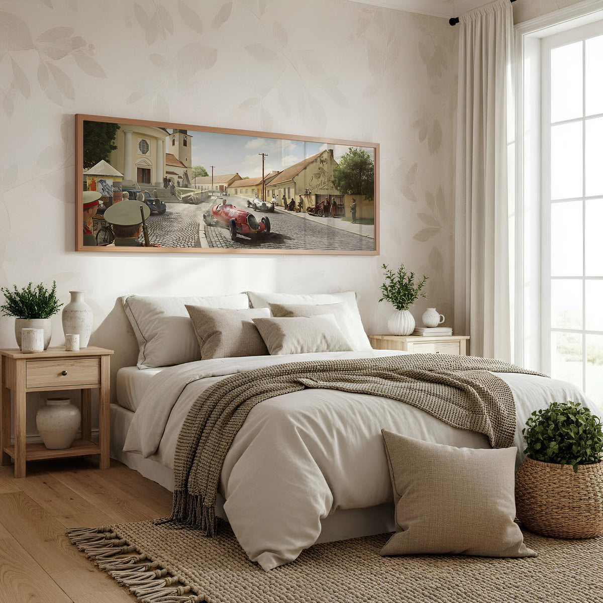 Village Circuit panoramic car wall art shown in a bedroom