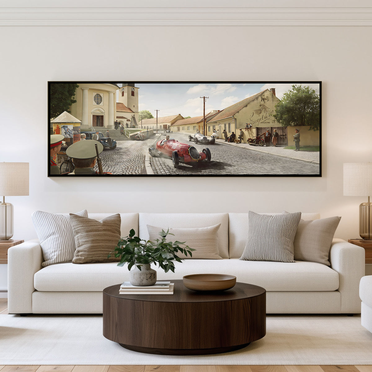 Village Circuit panoramic car wall art shown in a living room