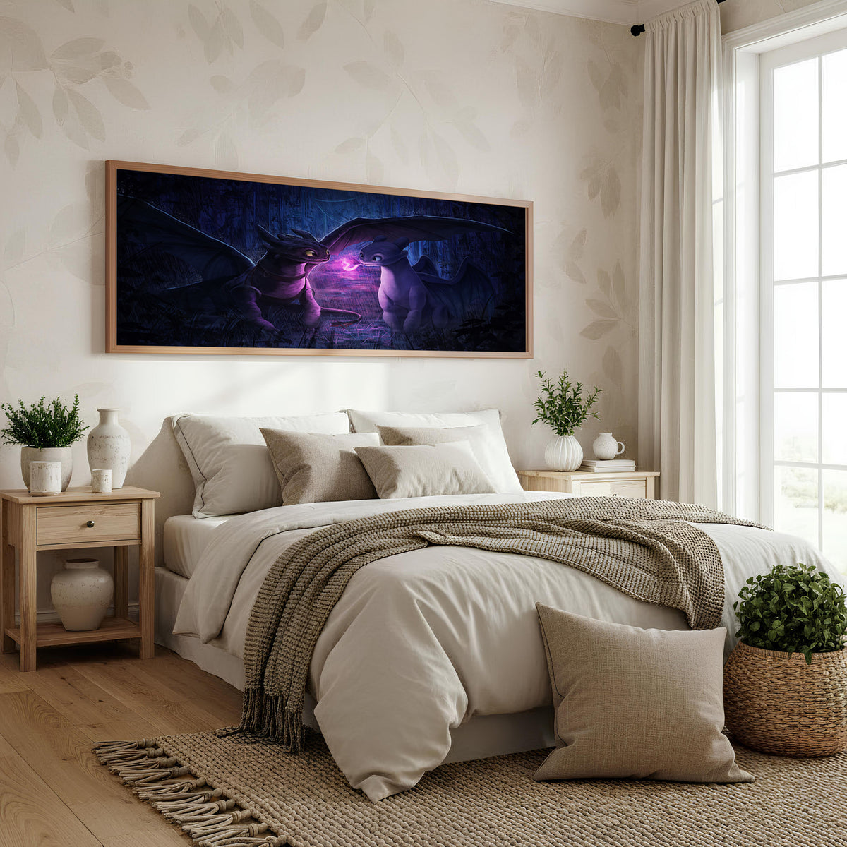 Toothless and Light Fury Panoramic Wall Art shown in a bedroom