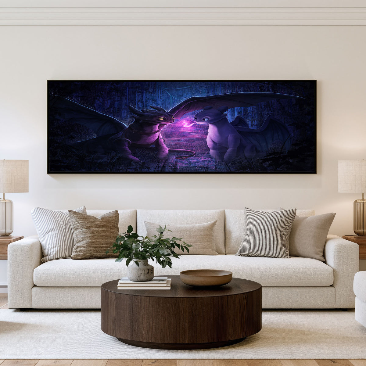 Toothless and Light Fury Panoramic Wall Art shown in a living room