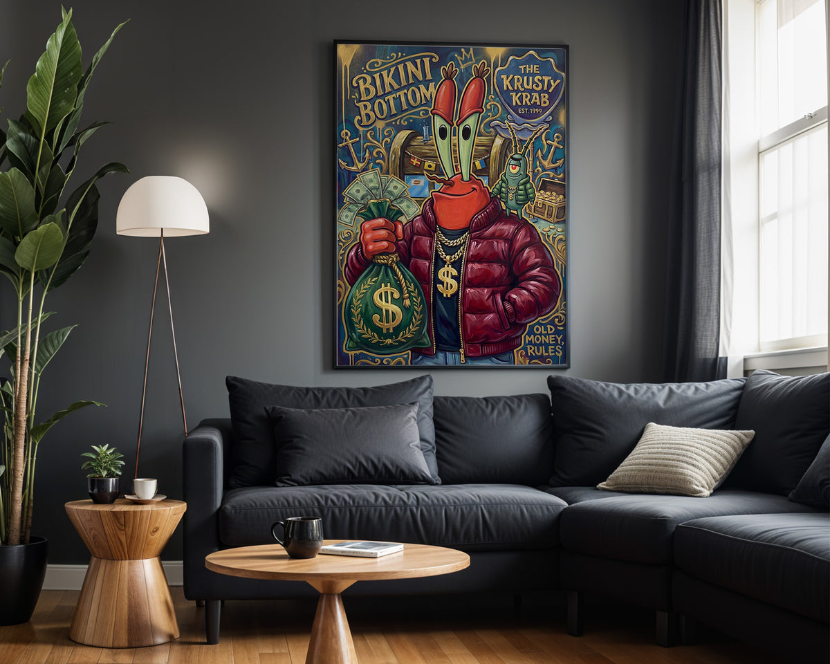 Mr. Krabs Krusty Cash wall art – framed room view