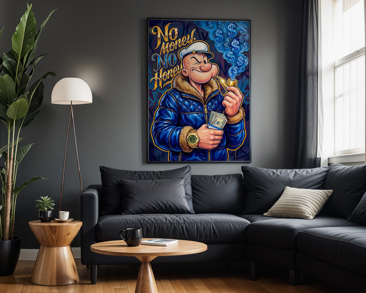 Popeye No Money No Honey wall art – framed room view