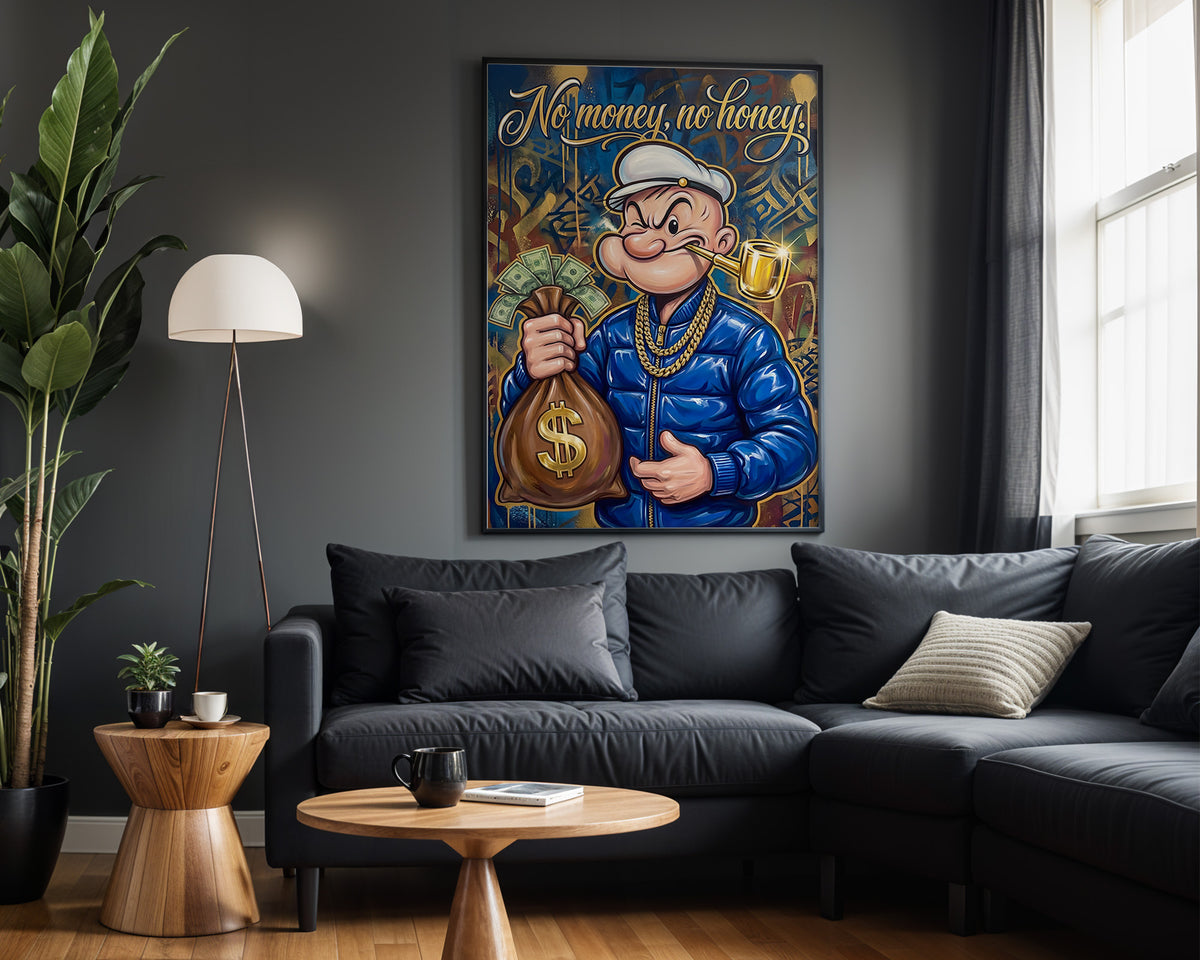 Popeye Money & Honey wall art – framed room view
