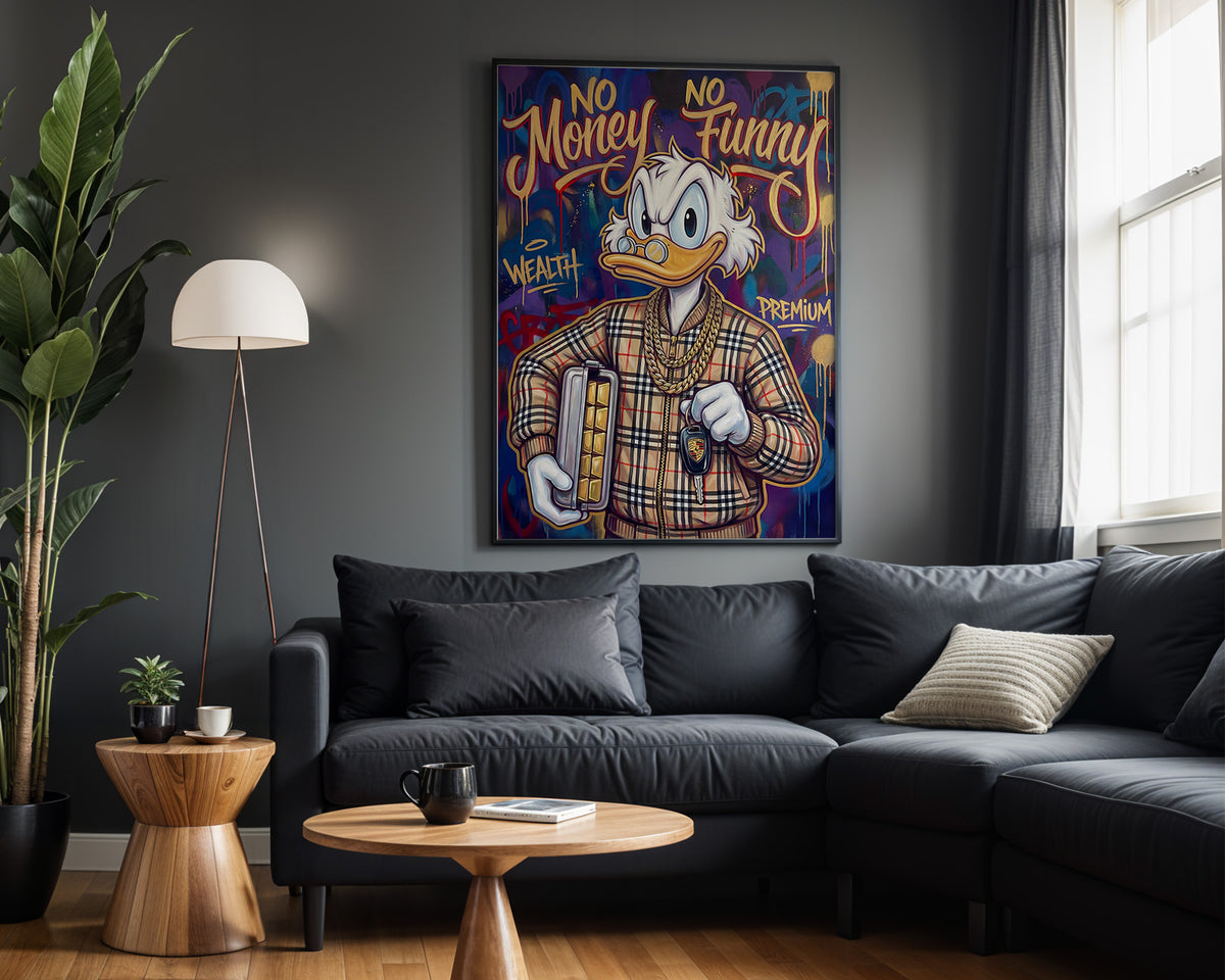 Donald No Money No Funny wall art – framed room view