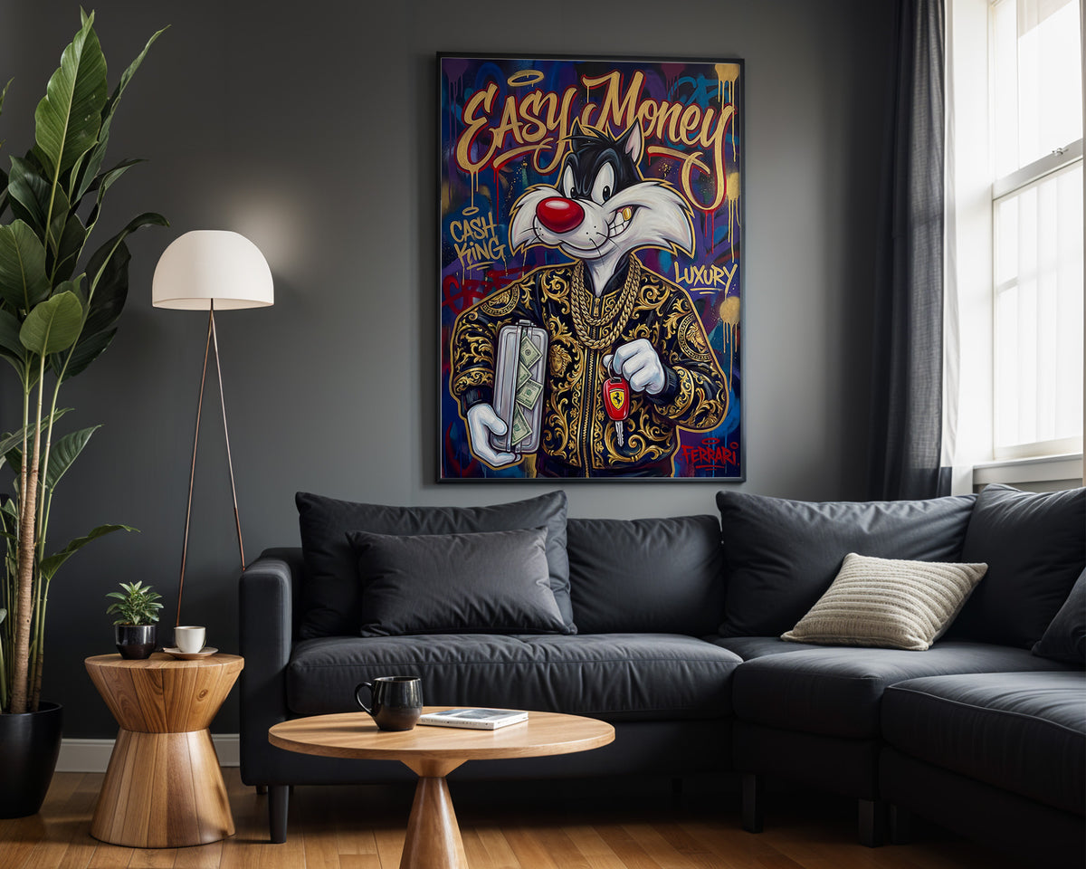 Sylvester Cash Money wall art – framed room view
