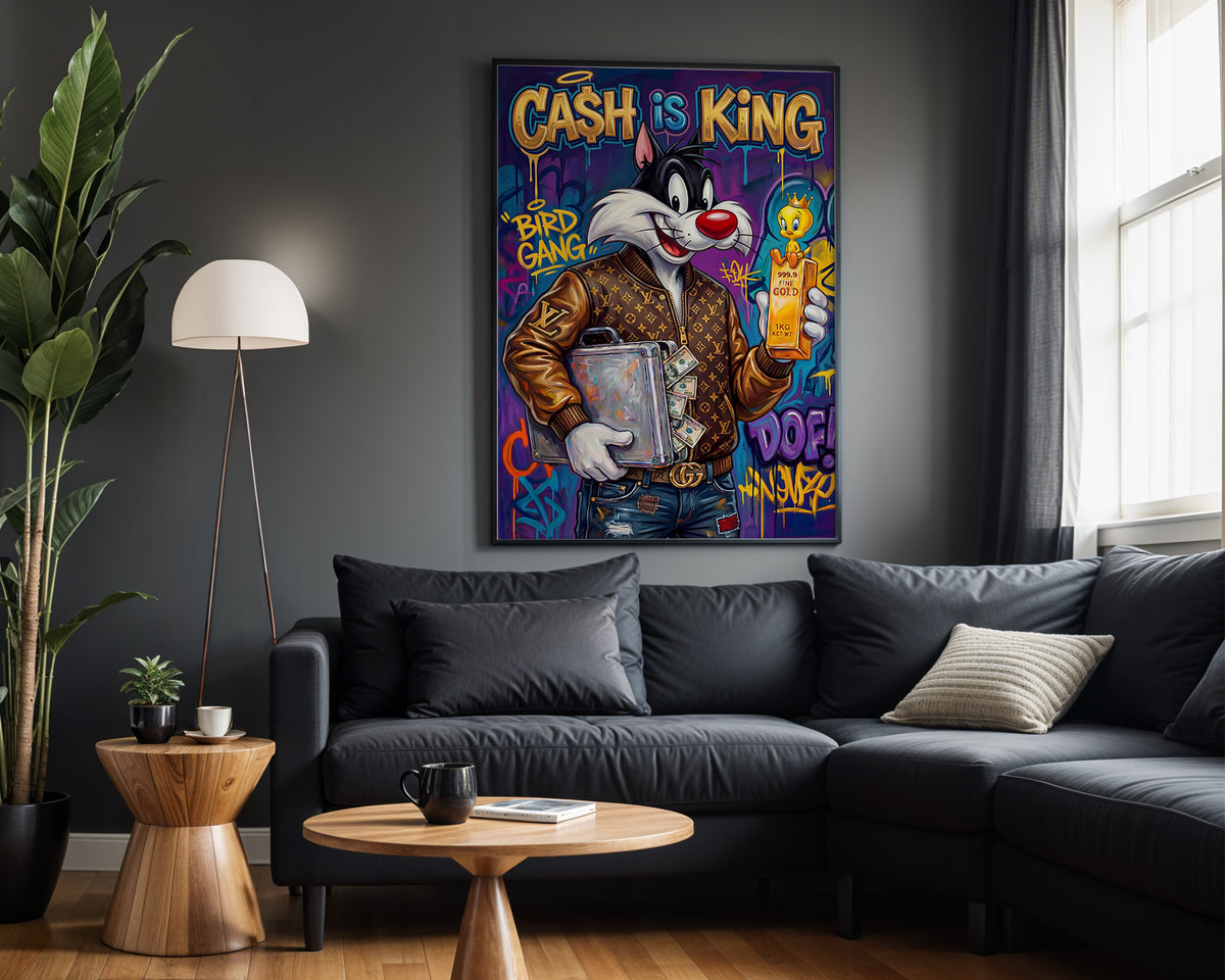 Sylvester Cash Is King wall art – framed room view