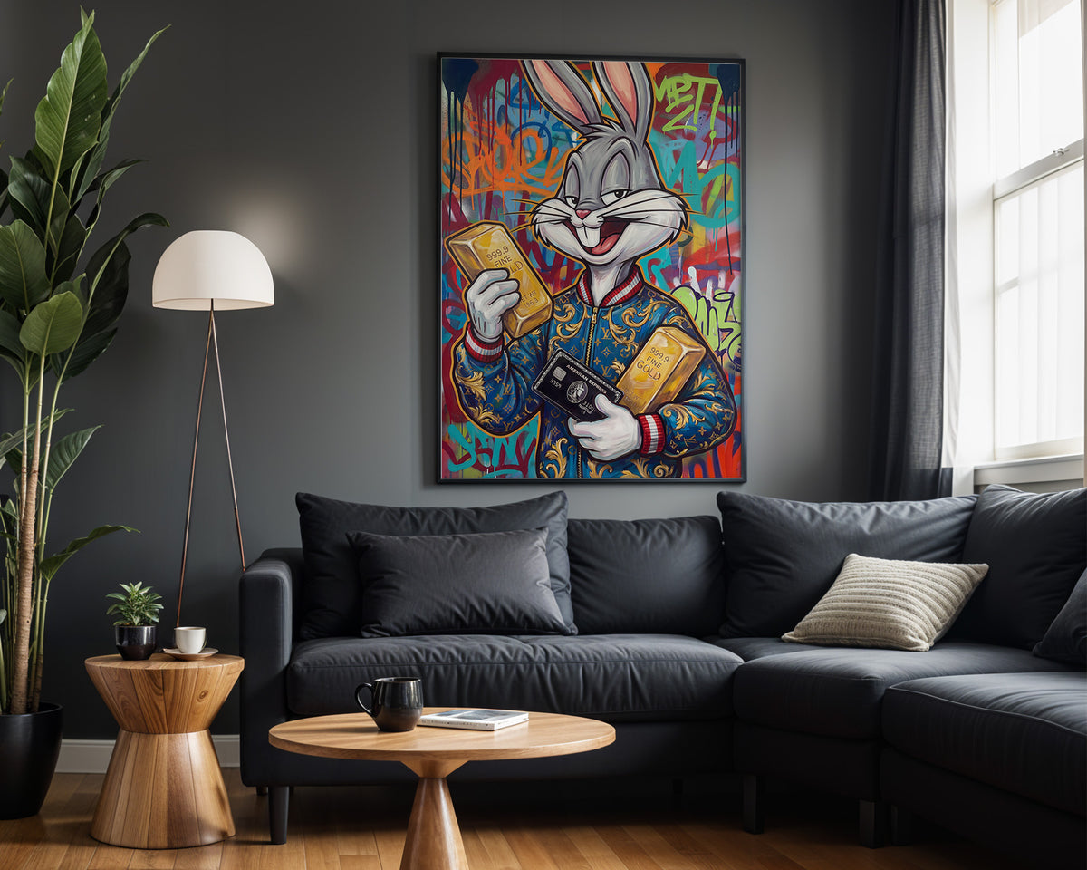 Bugs Gold Bar Fortune wall art – framed room view
