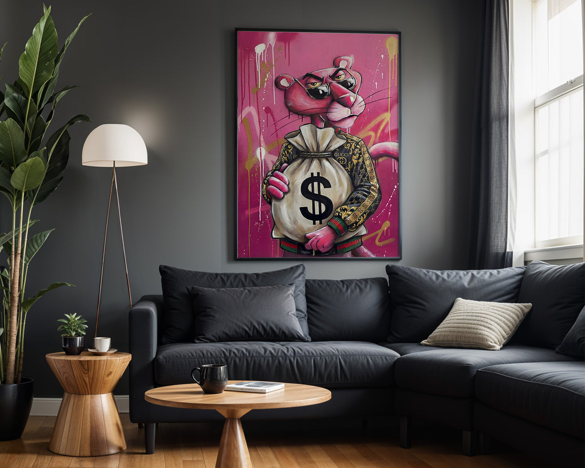Pink Panther Pink Fortune wall art – framed room view