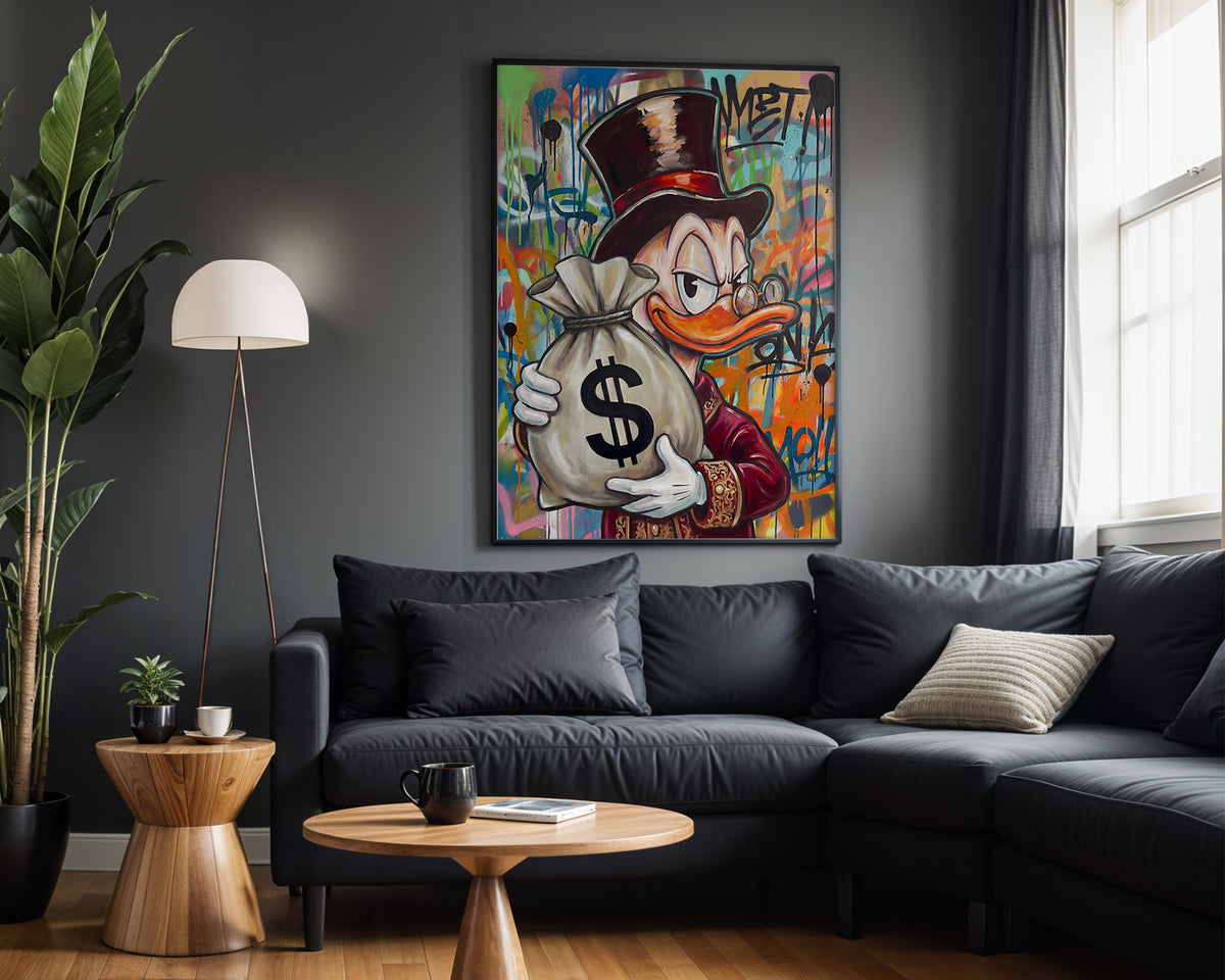 Scrooge Graffiti Money Bag wall art – framed room view