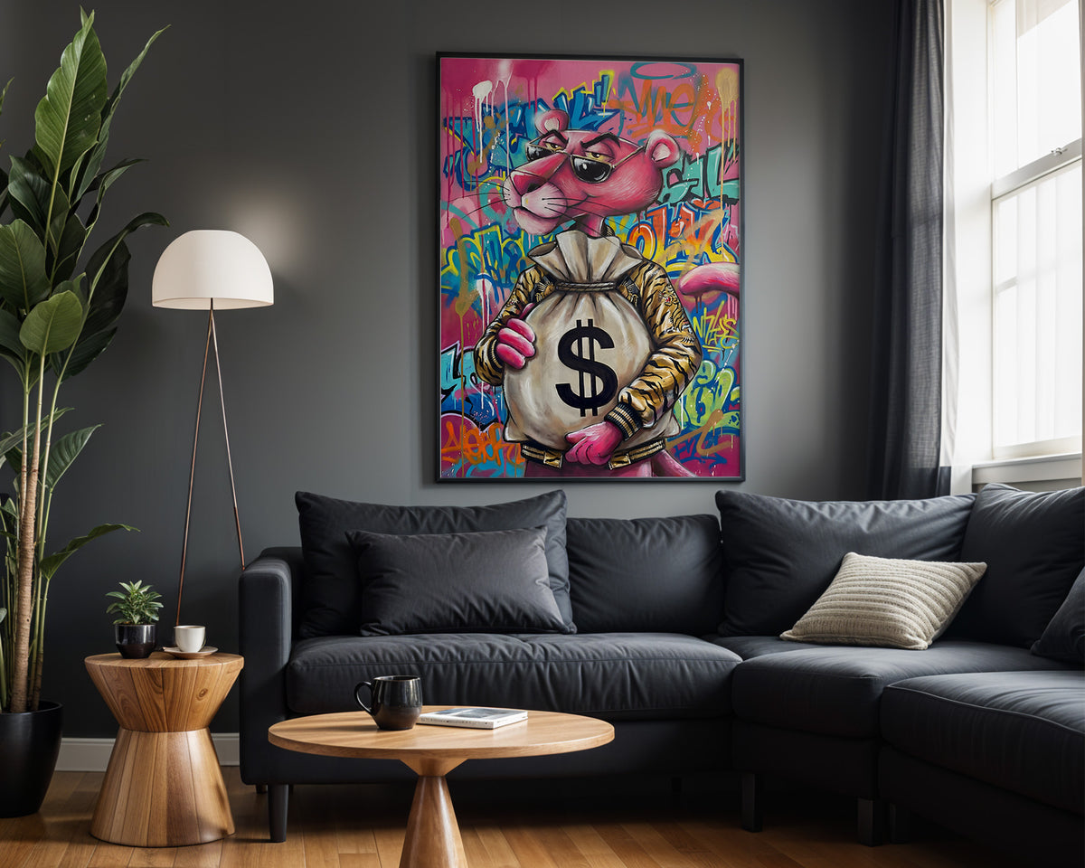 Pink Panther Street Fortune wall art – framed room view