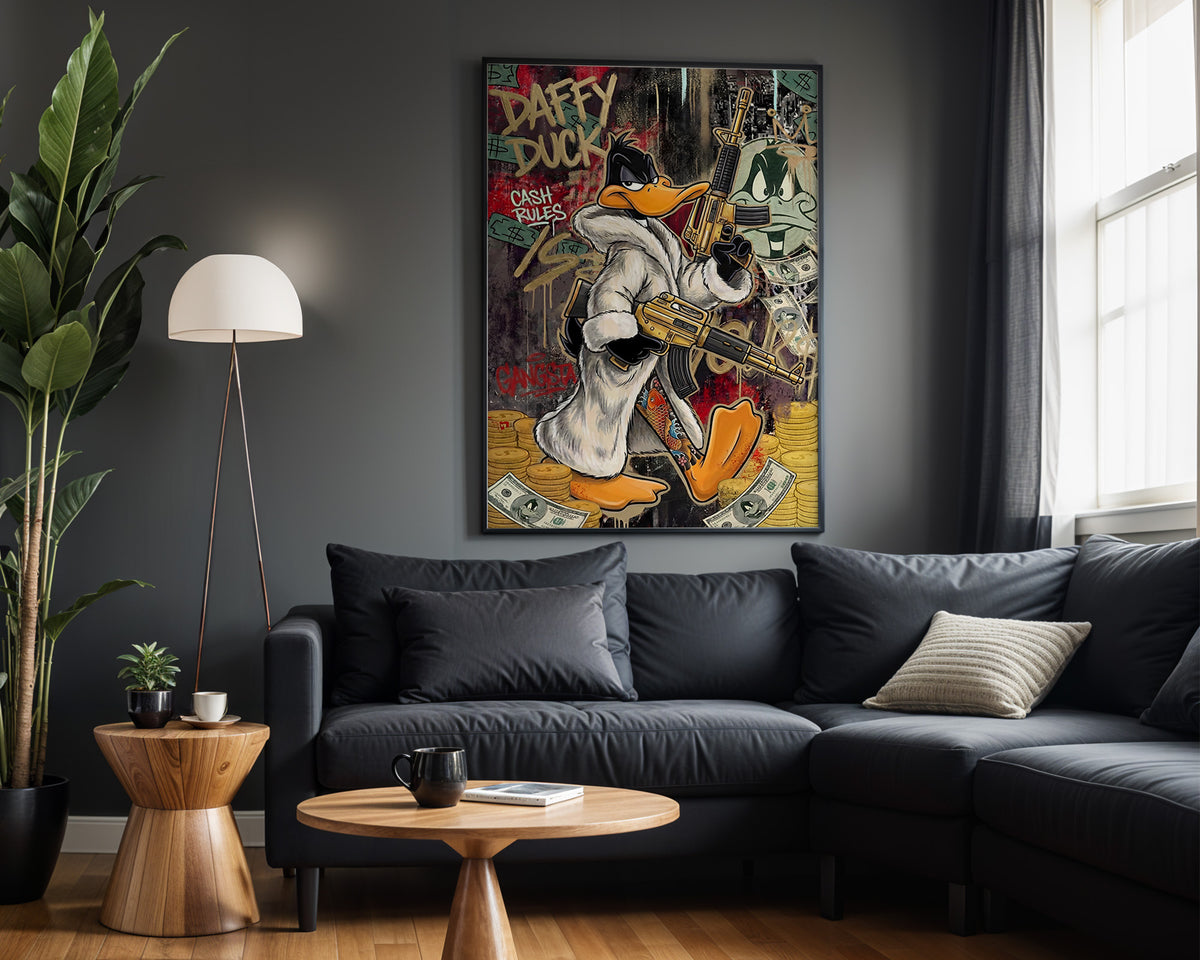 Daffy Cash Rules wall art – framed room view