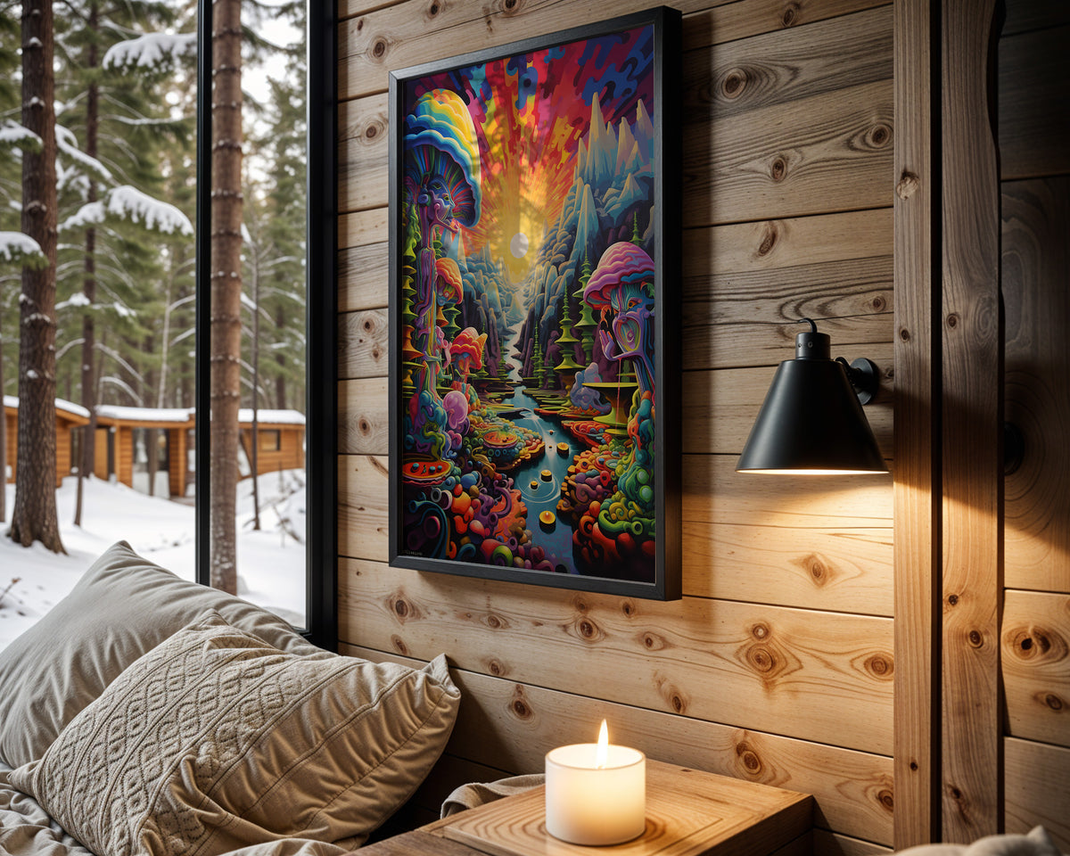 Visionary Bloom psychedelic wall art – cabin room view