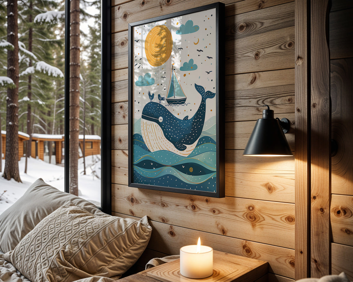 Whale Wishes kids nursery wall art – main room view