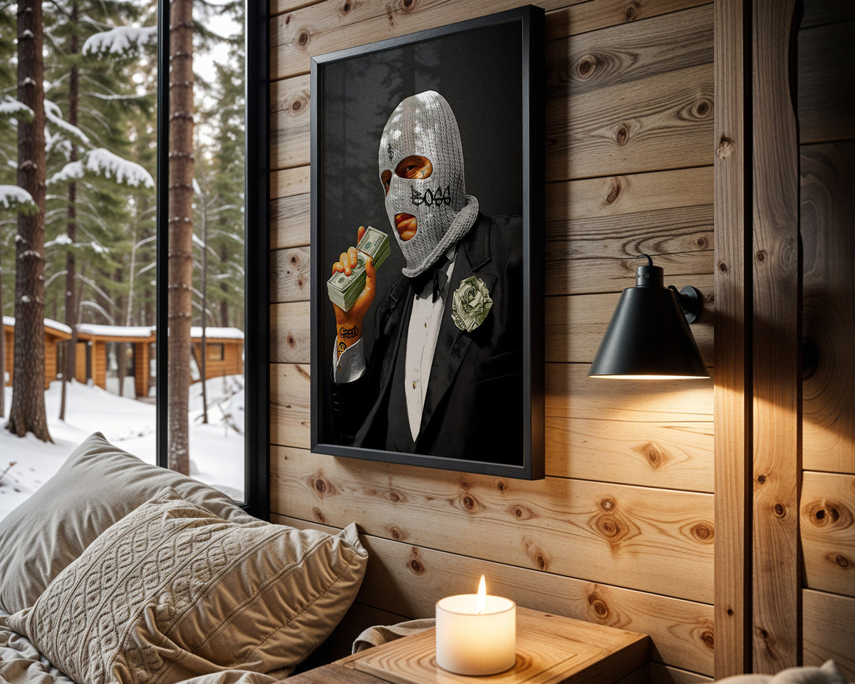 White Collar Bandit wall art in cabin interior