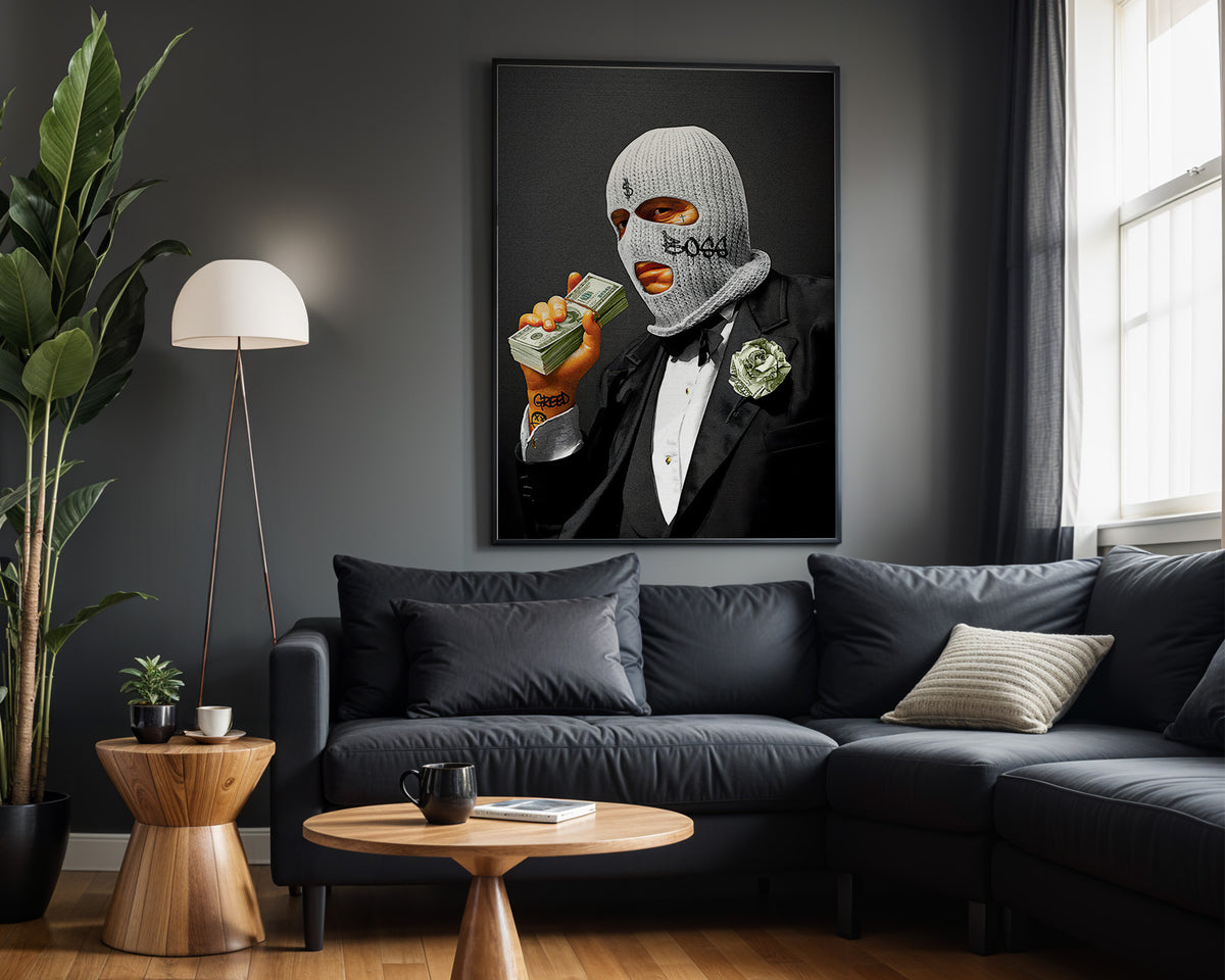 White Collar Bandit wall art in modern living room