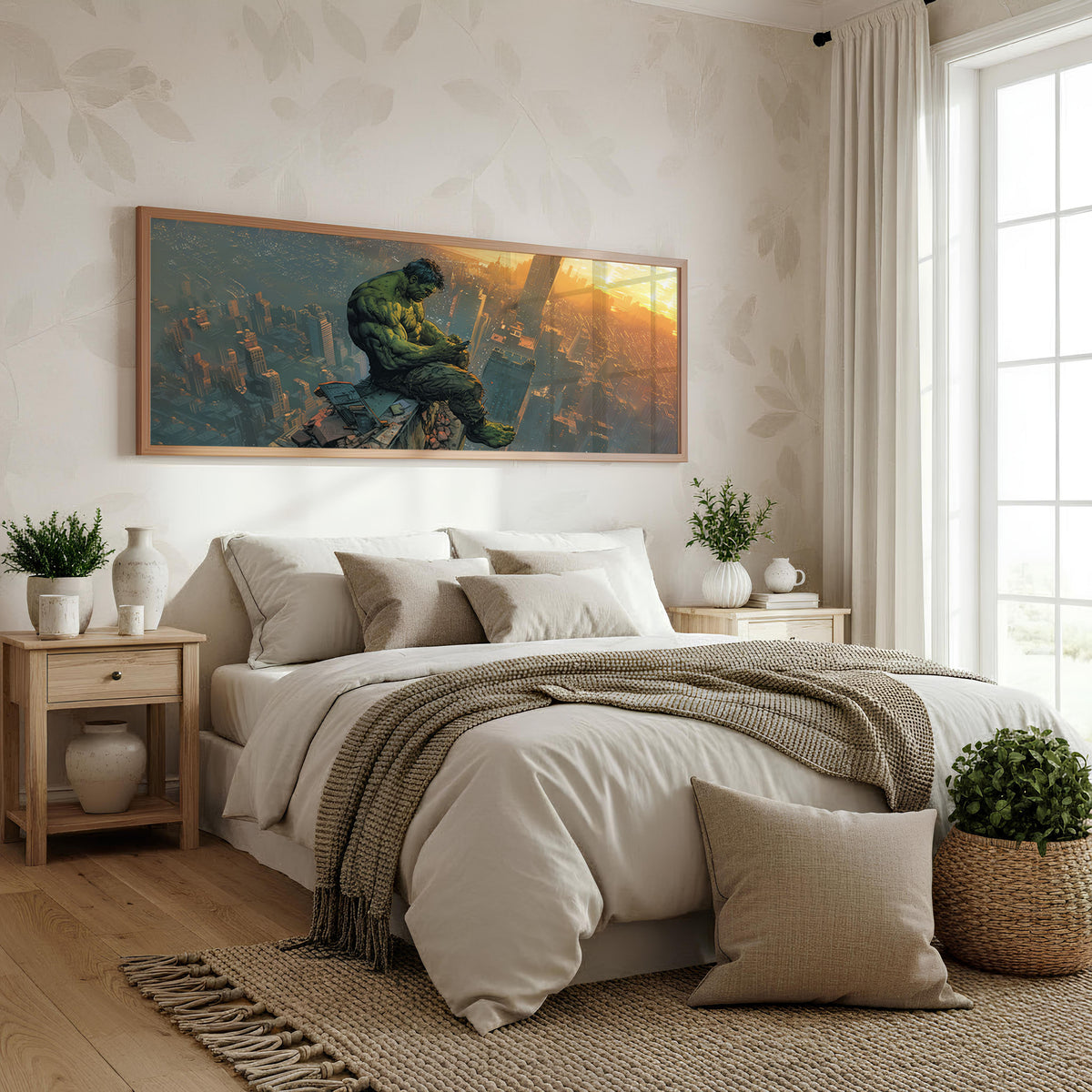 Hulk Above the City Panoramic Wall Art shown in a bedroom