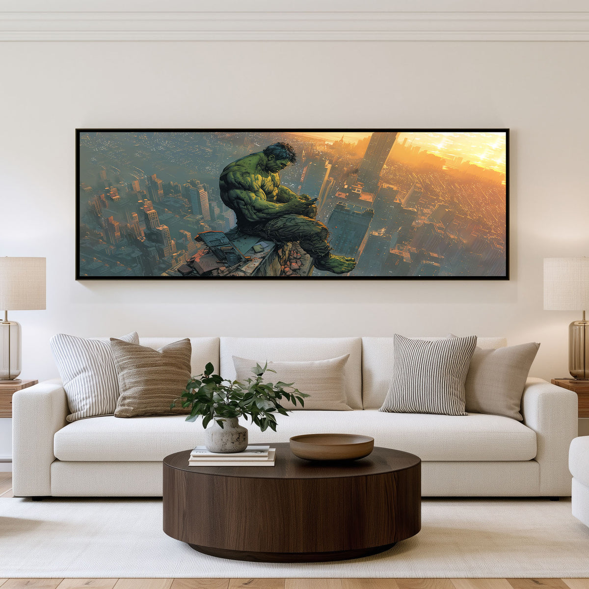 Hulk Above the City Panoramic Wall Art shown in a living room