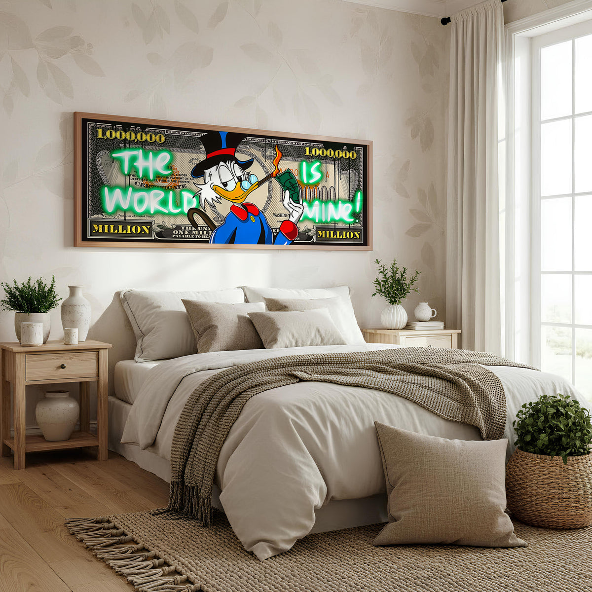 World of Money panoramic wall art shown in a bedroom