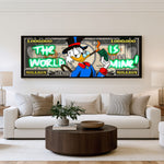World of Money panoramic wall art shown in a living room