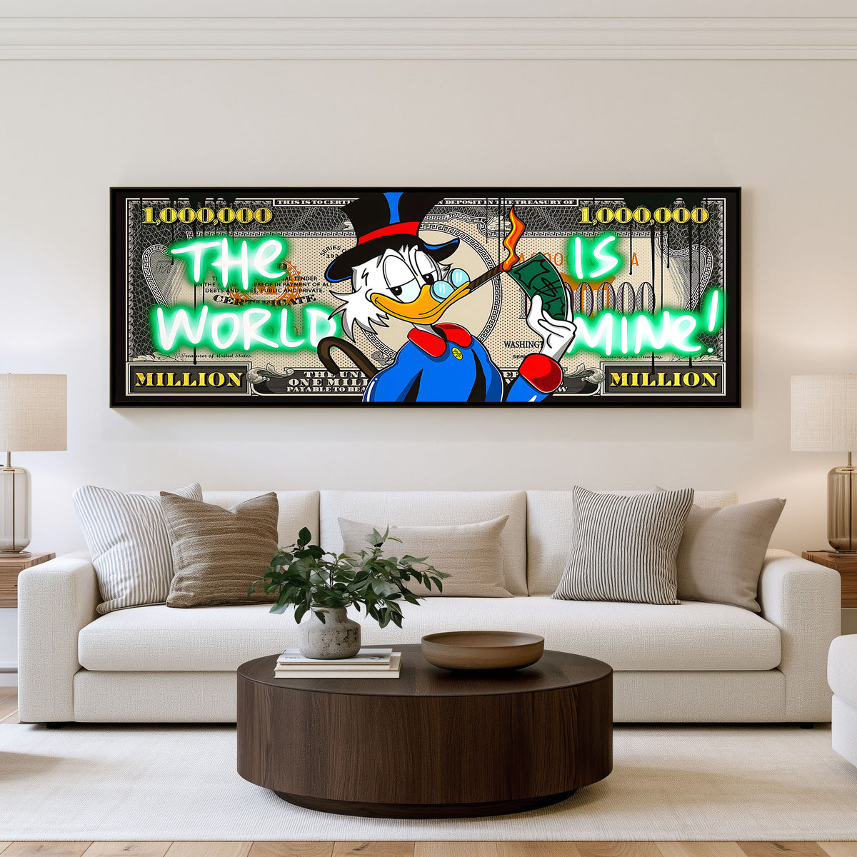 World of Money panoramic wall art shown in a living room
