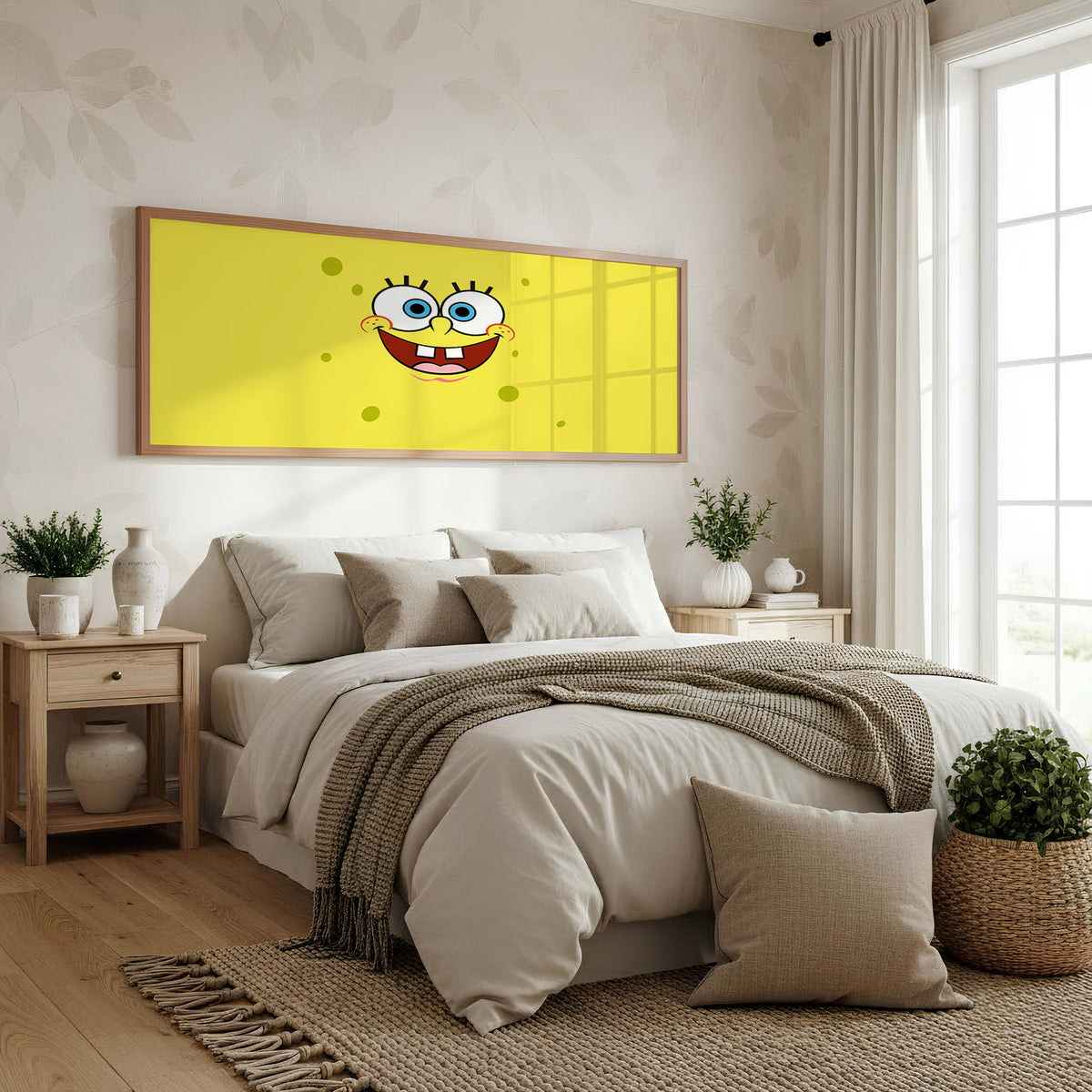 SpongeBob Yellow Smile Panoramic Wall Art shown in a bedroom